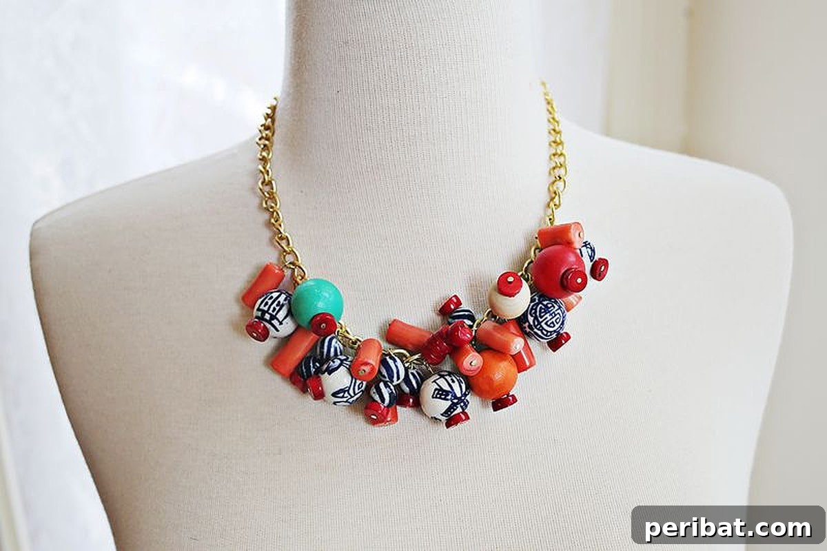 52 Inspiring DIY Necklace Ideas and Kits for Stunning Handmade Jewelry 23 mannequin wearing a bold DIY beaded statement necklace