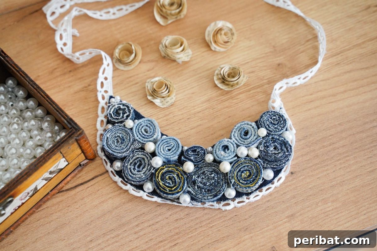 52 Inspiring DIY Necklace Ideas and Kits for Stunning Handmade Jewelry 4 creative upcycled denim and lace necklace on wood table