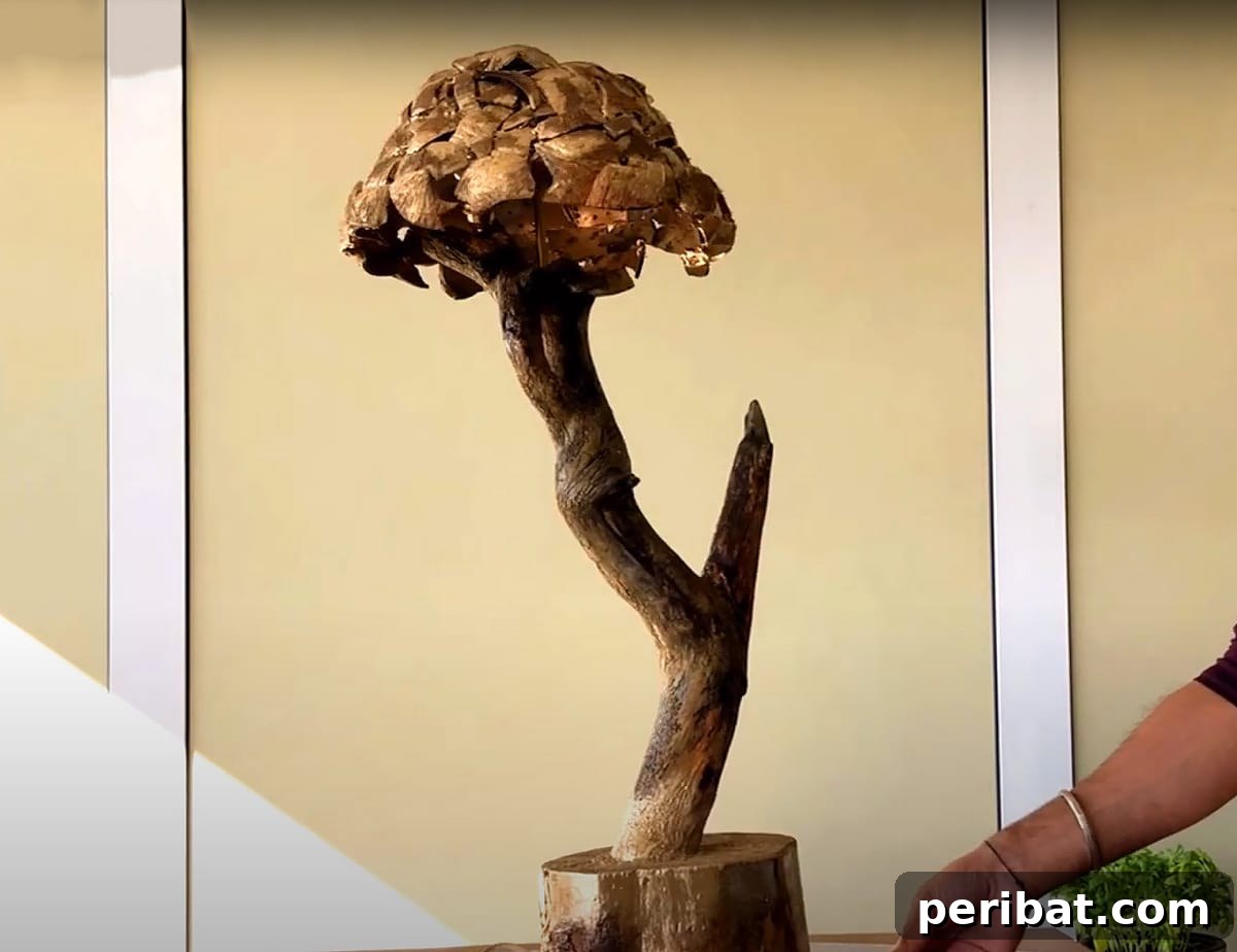 Unique lamp crafted from coconut shells, an inventive and eco-friendly DIY project that brings natural beauty into the home.