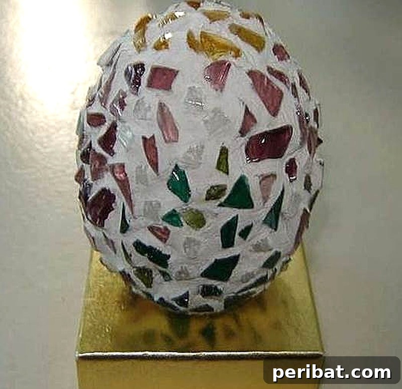 Charming eggshell mosaic lamp with a gold base, a creative and unconventional light source crafted from everyday objects.