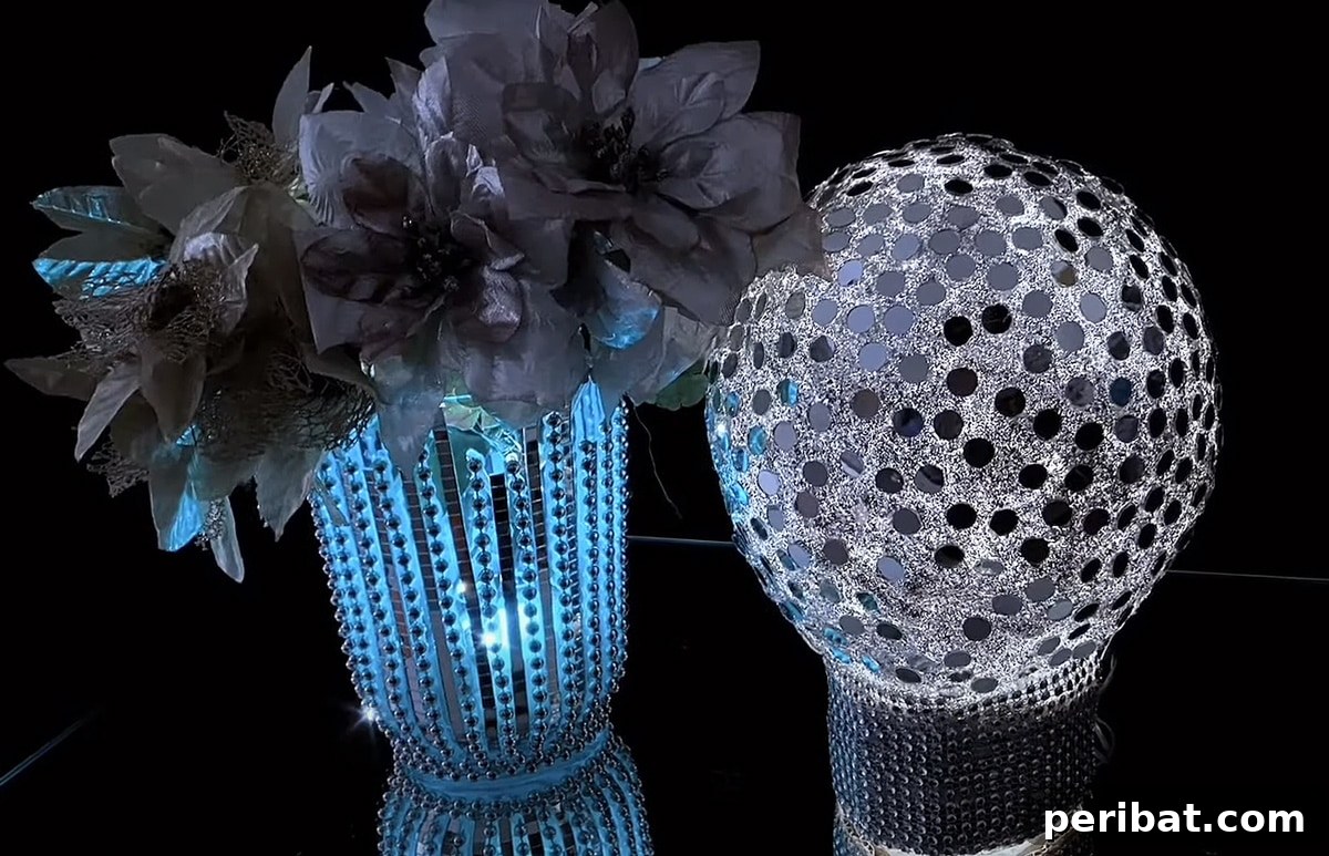 Two beautiful mosaic vase lamps, crafted with everyday items like tissue paper and glitter, adding elegance and creativity.