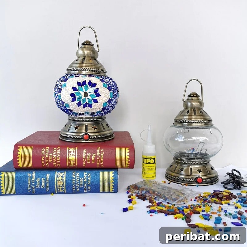 Raw materials and a finished mosaic lamp, highlighting a project for personalized decor and special handmade gifts.