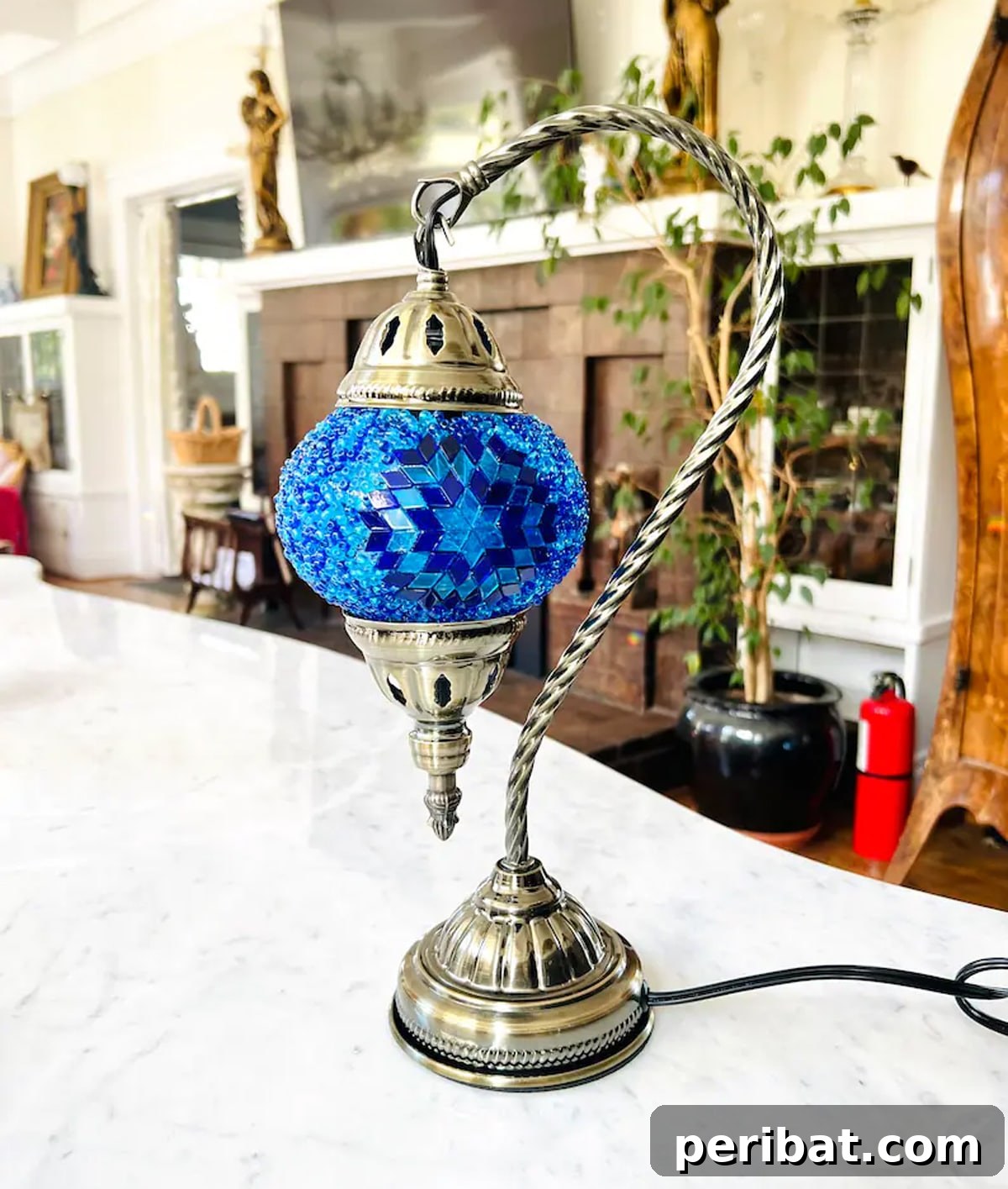 Stunning blue Moroccan mosaic lamp, handcrafted with a DIY kit, perfect for adding exotic flair to any room.