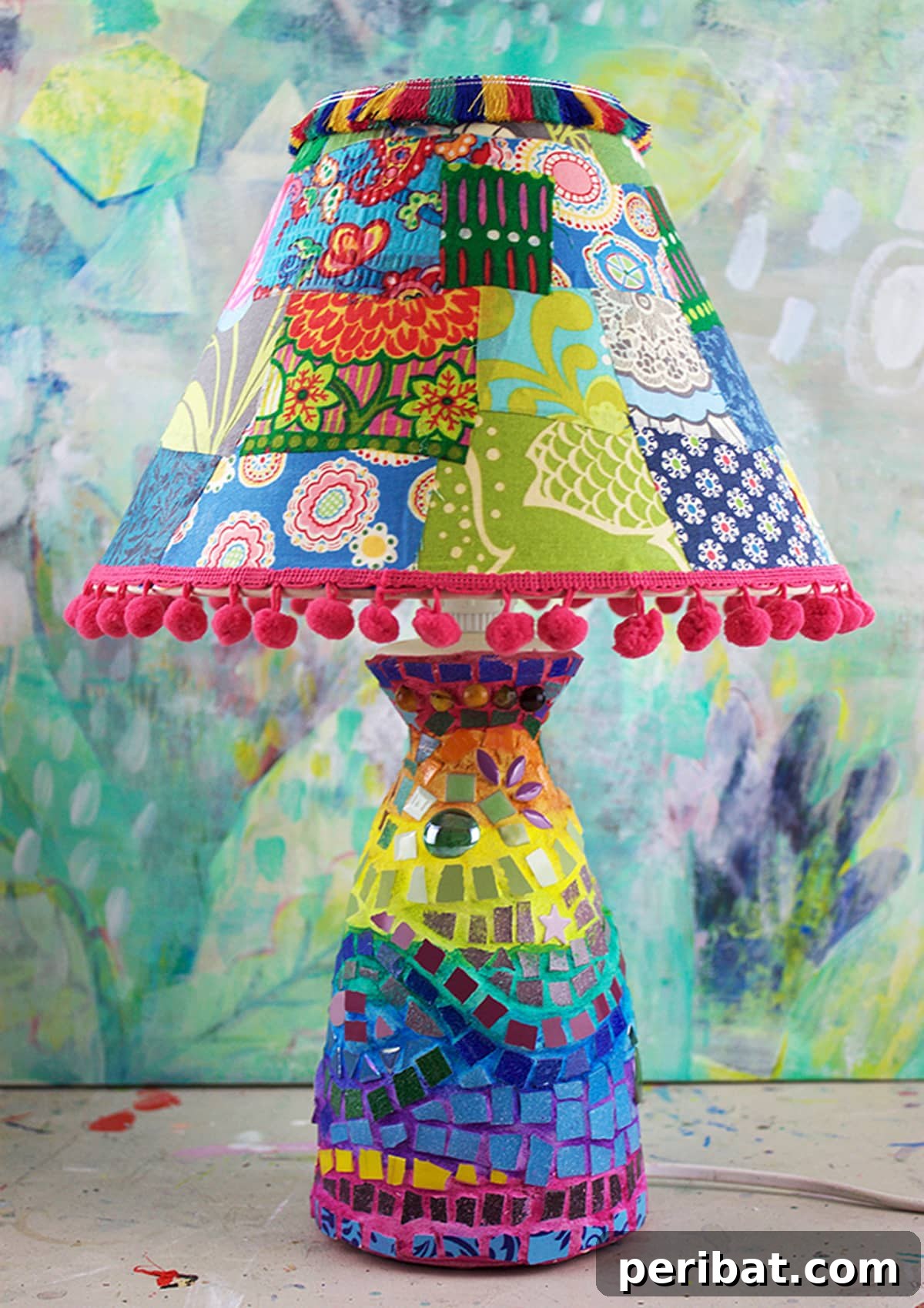 Brilliant and colorful crazy mosaic lamp, an ideal DIY project for those with a love for eclectic lighting and artistic expression.
