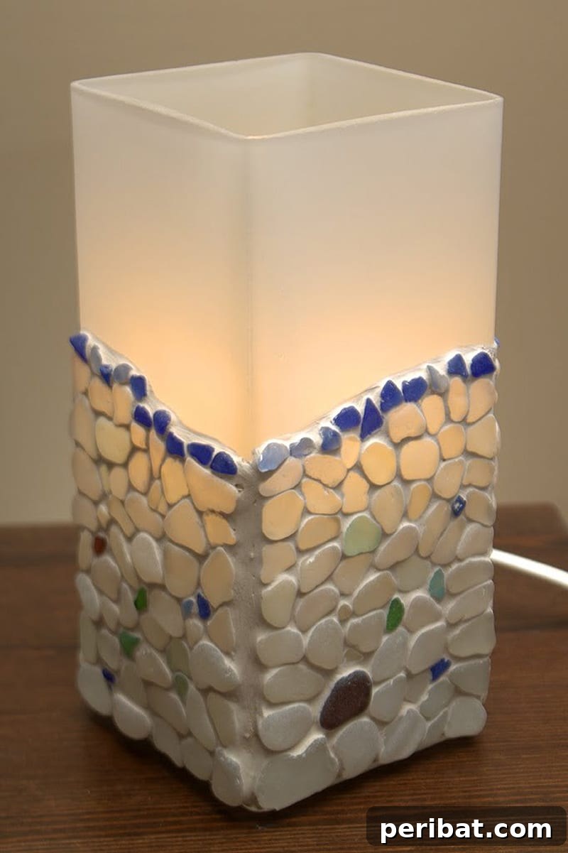 Beautiful sea glass mosaic lamp, perfect for beachcombers and sea glass collectors to display their finds and bring a coastal vibe indoors.
