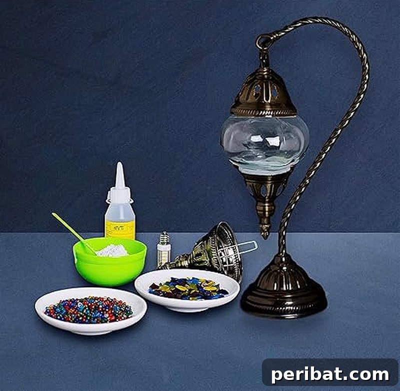 Beautiful Turkish mosaic swan neck lamp making kit, a stylish DIY project for creating a custom lamp with exotic flair.