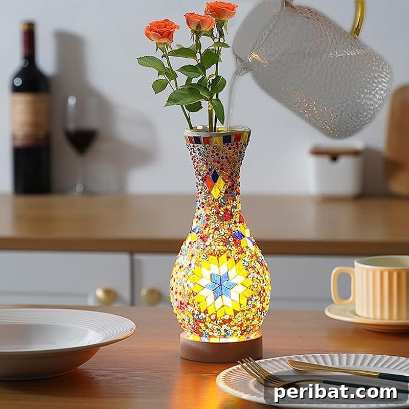 Elegant mosaic vase lamp with three flowers, an ideal project for those who admire handmade art, offering a warm atmosphere and dual decorative purpose.