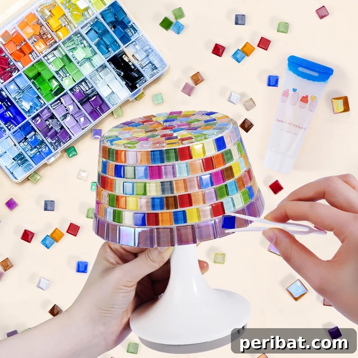 Serene bedside mosaic night light assembled from a DIY kit, perfect for creating a calming light for restful nights.