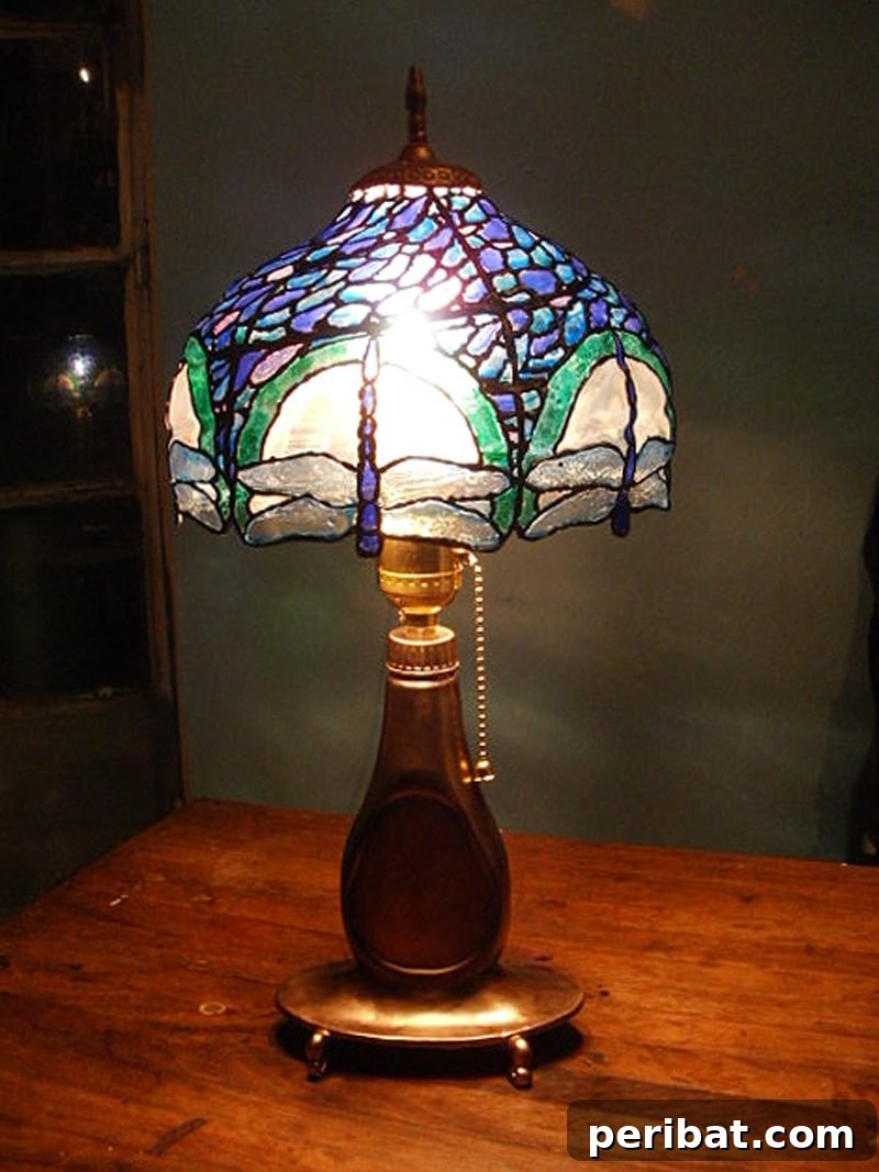 Creative PET bottle Tiffany-style lamp on a table, showcasing a unique and stylish upcycled lighting element.
