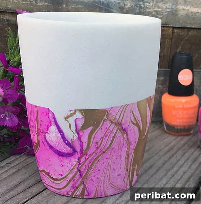 marbleized vase on wooden table
