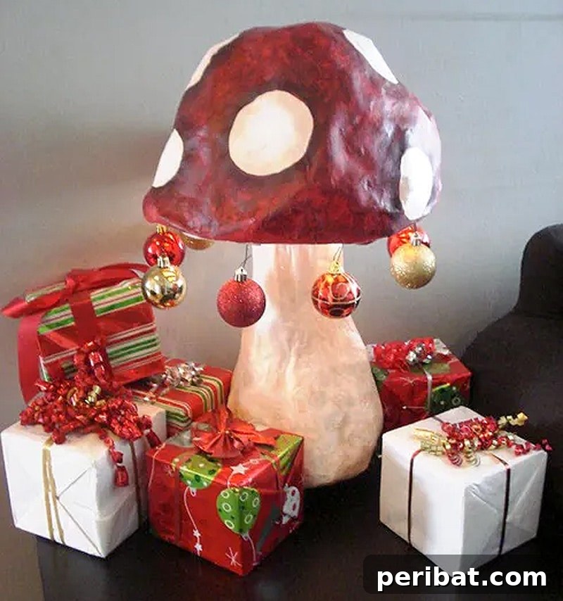 mushroom-shaped lights and gift boxes