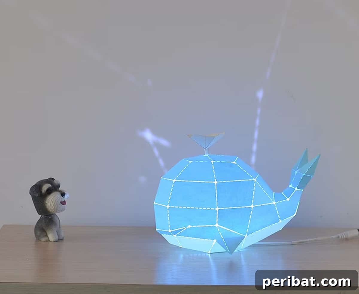 whale-shaped lamp next to dog model scene