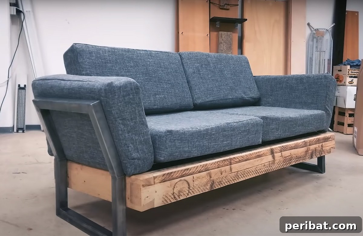 sofa with metal pipes and wooden base
