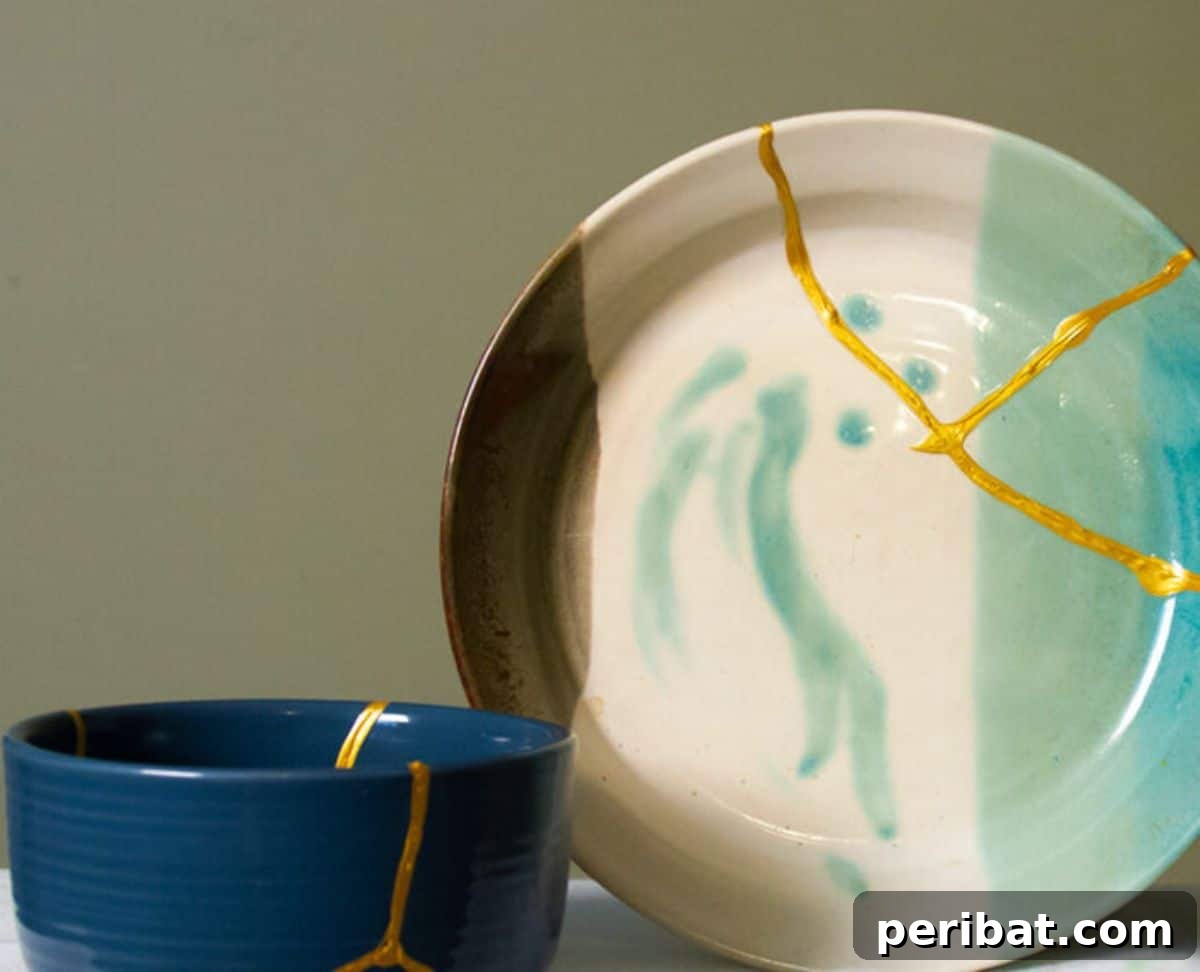 21 DIY Kintsugi Kits: Discover the Art of Golden Mending 20 A plate and a small pot repaired with Kintsugi method, accompanied by a guide on performing Kintsugi repair at home and its relation to wabi-sabi philosophy.