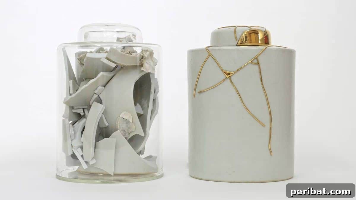21 DIY Kintsugi Kits: Discover the Art of Golden Mending 21 A vase repaired with Kintsugi method, illustrating the Japanese art of repairing objects with resin and gold through step-by-step instructions.