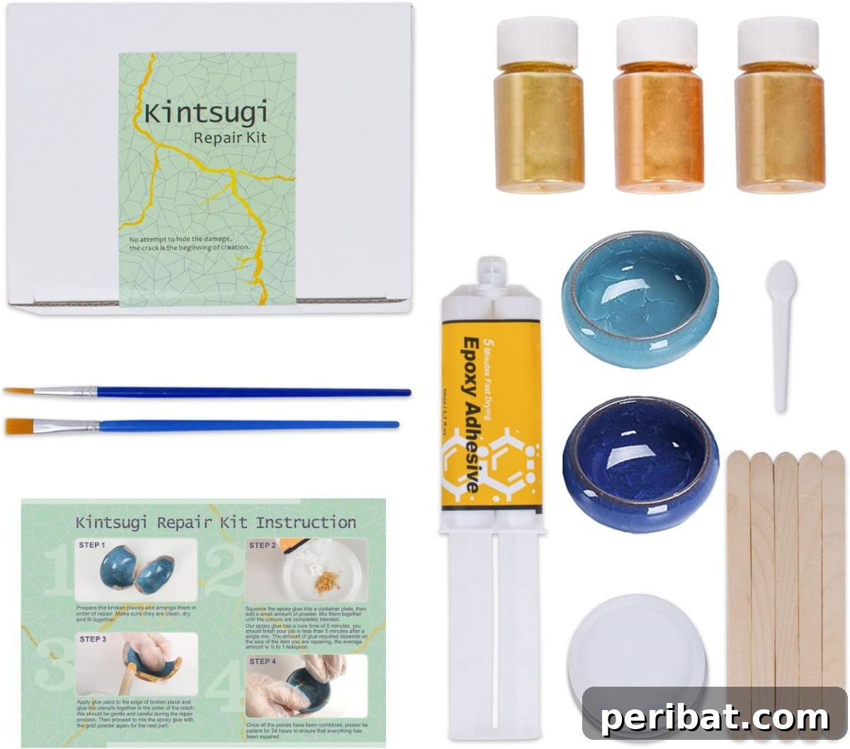 21 DIY Kintsugi Kits: Discover the Art of Golden Mending 7 Realinn Kintsugi Repair Kit with comprehensive guide, mixing plates, and wooden sticks for effective ceramic restoration.