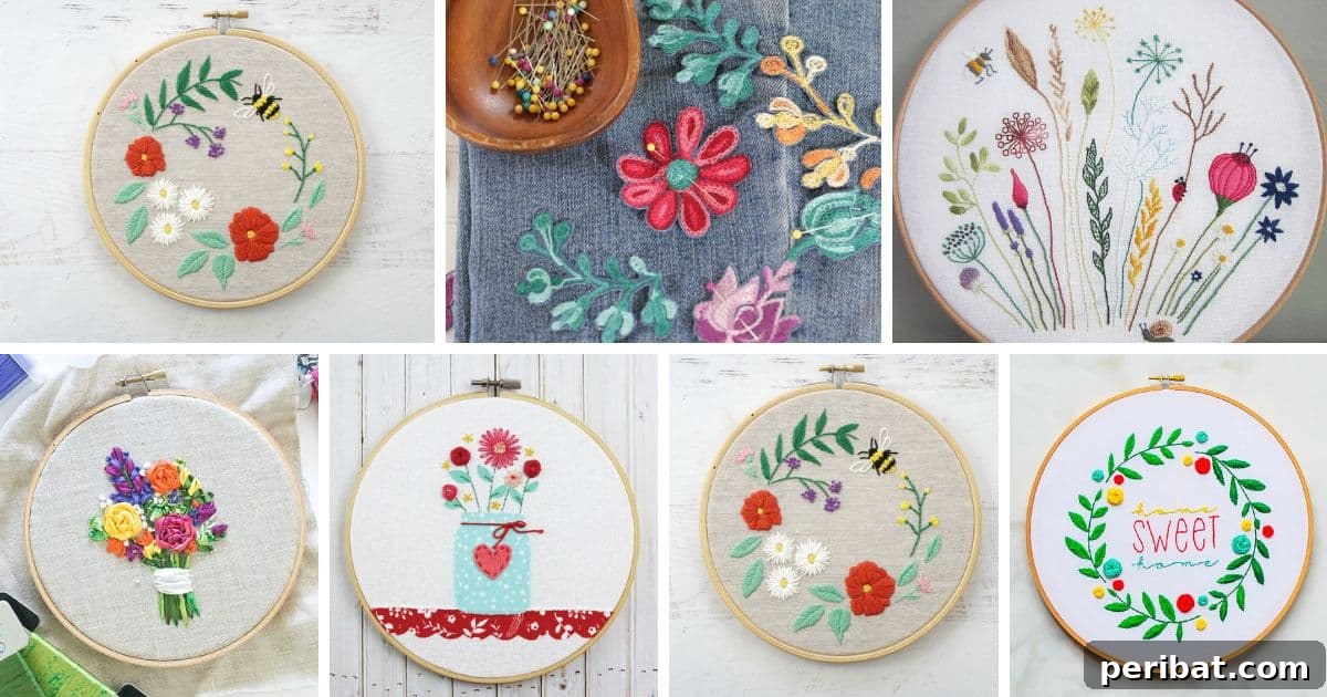 Creative DIY Floral Embroidery Ideas and Projects 2 A vibrant collection of diverse DIY floral embroidery patterns, showcasing the beauty of hand-stitched flowers