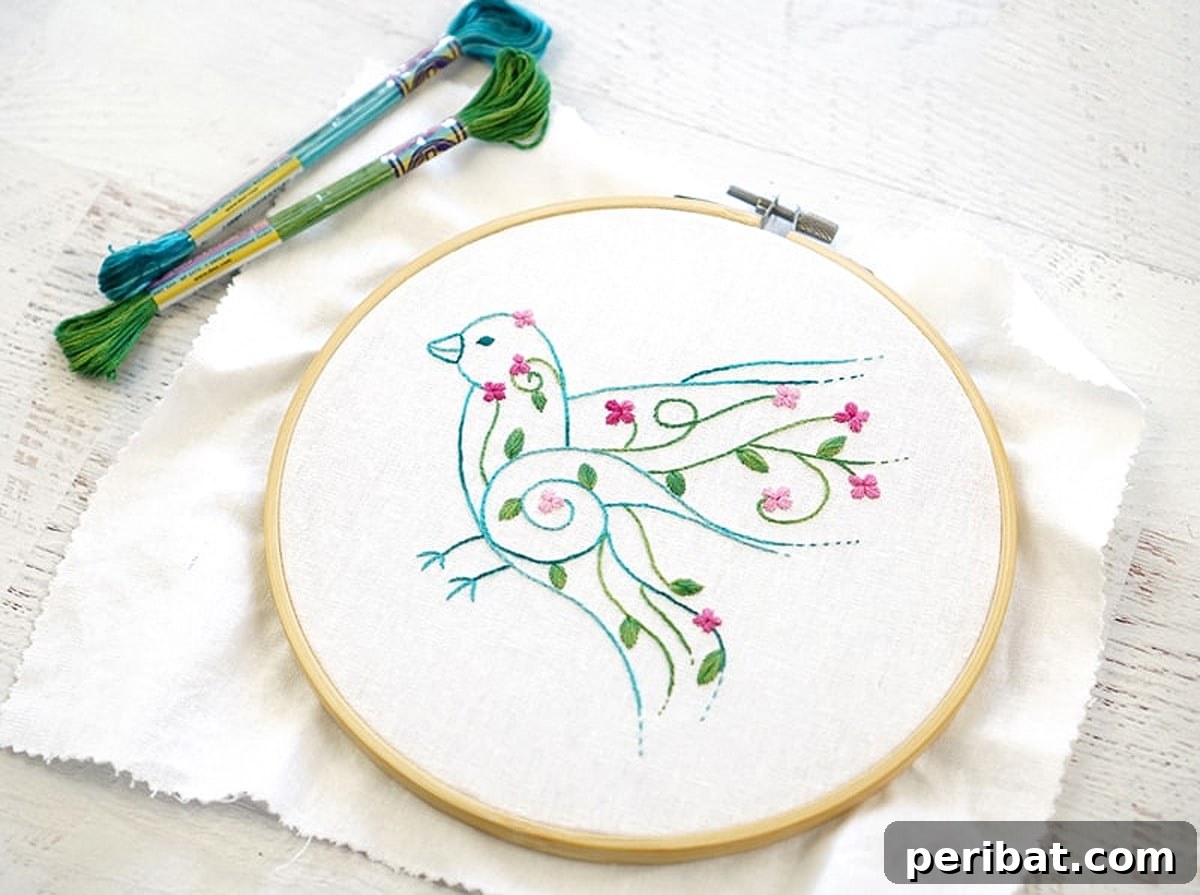 Creative DIY Floral Embroidery Ideas and Projects 12 Captivating floral bird embroidery pattern, showcasing a bird nestled among delicate blossoms