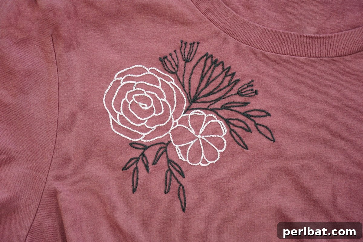 Creative DIY Floral Embroidery Ideas and Projects 18 Stylish hand-embroidered t-shirt with delicate floral motifs, perfect for personalized wearable art