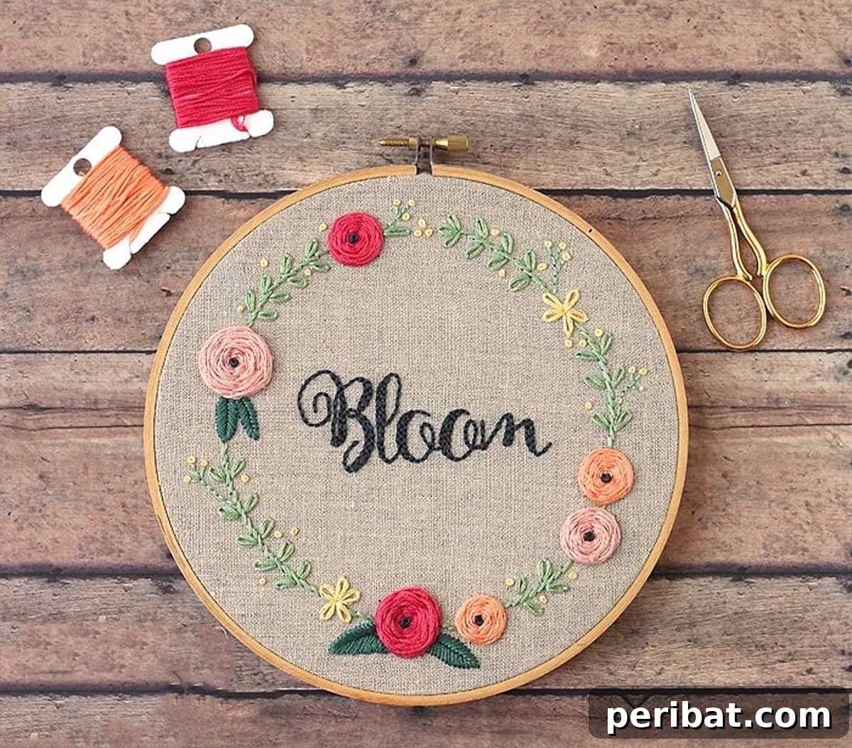 Creative DIY Floral Embroidery Ideas and Projects 21 Delicate Bloom Hand Embroidery Pattern featuring spring flowers, accompanied by scissors and two rolls of wool thread