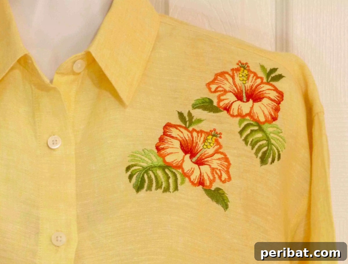 Creative DIY Floral Embroidery Ideas and Projects 22 Stylish DIY summer blouse embellished with vibrant embroidered tropical flowers, perfect for a fresh wardrobe update