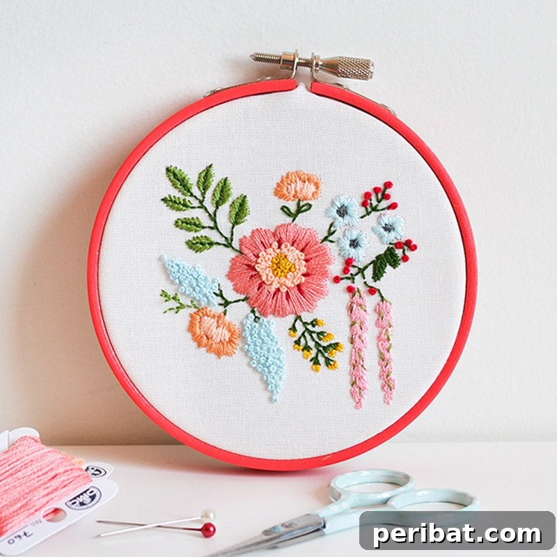 Creative DIY Floral Embroidery Ideas and Projects 24 Elegant embroidered bouquet pattern, accompanied by scissors and needle, ideal for practicing freeform stitching
