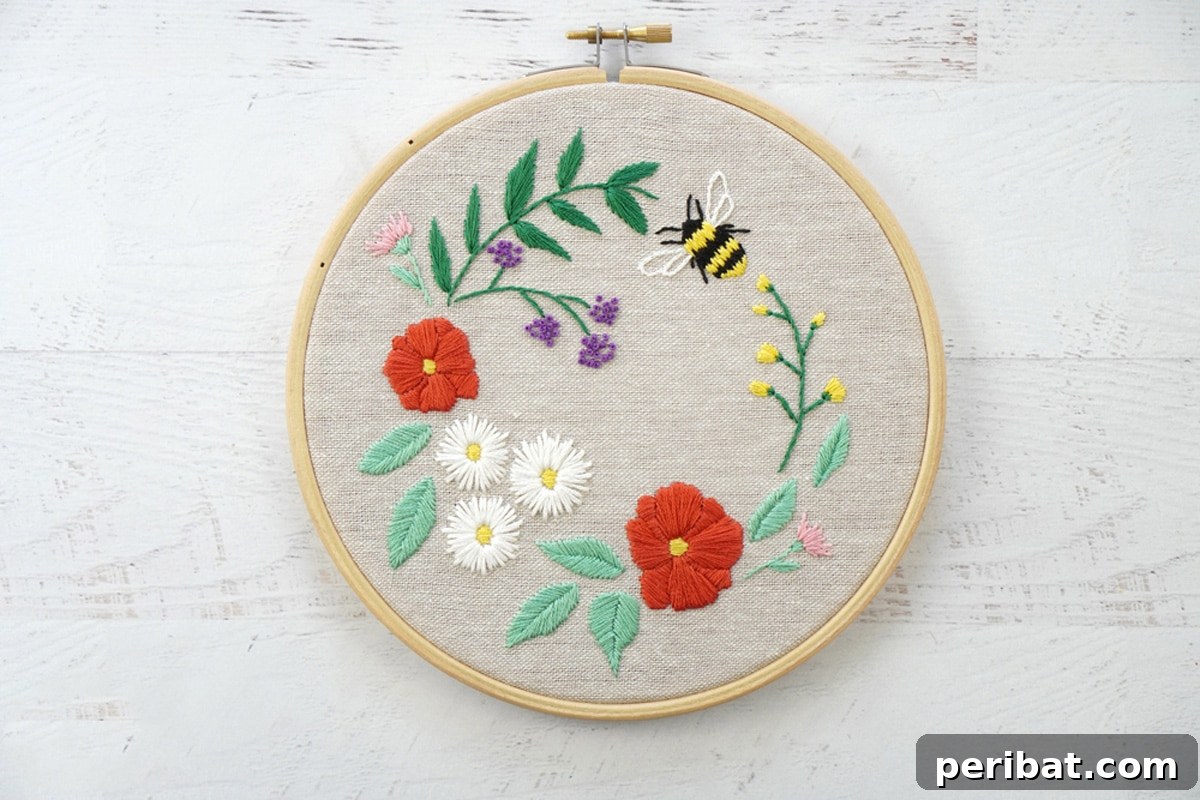 Creative DIY Floral Embroidery Ideas and Projects 27 Adorable spring bee embroidery pattern buzzing amidst colorful flowers, capturing the essence of the season