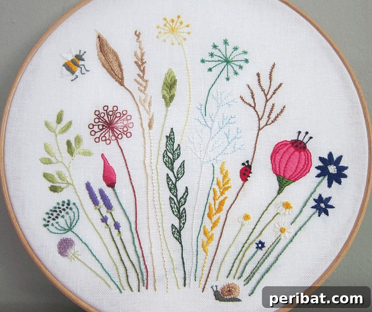Creative DIY Floral Embroidery Ideas and Projects 29 Lush floral meadow embroidery pattern, capturing the vibrant and natural colors of a blooming field