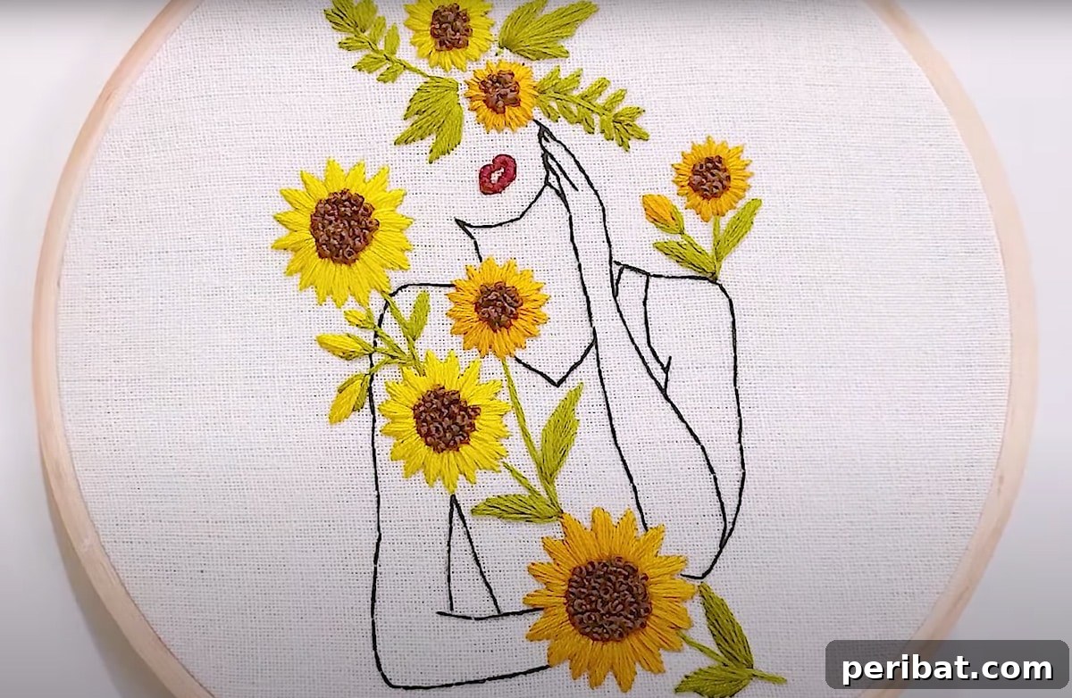 Creative DIY Floral Embroidery Ideas and Projects 32 Charming embroidery pattern depicting a girl with a sunflower, ideal for beginners to practice basic stitches