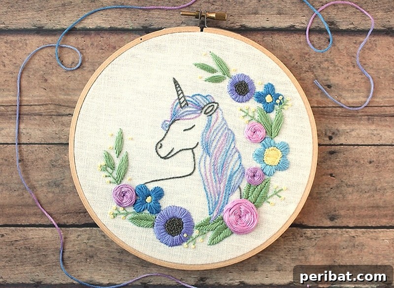 Creative DIY Floral Embroidery Ideas and Projects 34 Enchanting floral unicorn embroidery pattern, showcasing a whimsical and colorful fantasy creature adorned with flowers