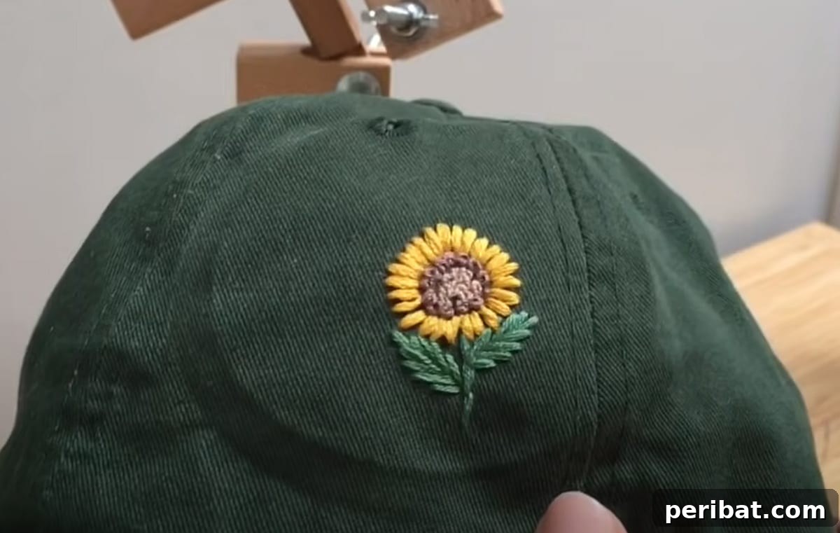 Creative DIY Floral Embroidery Ideas and Projects 36 Chic DIY embroidered hat with a simple sunflower pattern, perfect for adding a personalized summer touch
