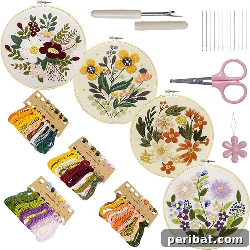 Creative DIY Floral Embroidery Ideas and Projects 5 Bonroy 4 sets embroidery kit with various floral patterns, ideal for beginners to learn hand embroidery
