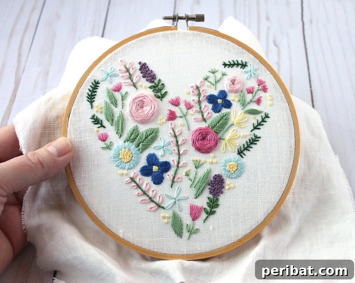 Creative DIY Floral Embroidery Ideas and Projects 42 Beautiful floral heart hand embroidery pattern, perfect for adding a romantic touch to decor or gifts