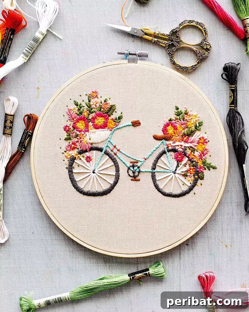 Creative DIY Floral Embroidery Ideas and Projects 43 Charming hand-embroidered bicycle and flower basket patterns on canvas, adding a whimsical touch to decor