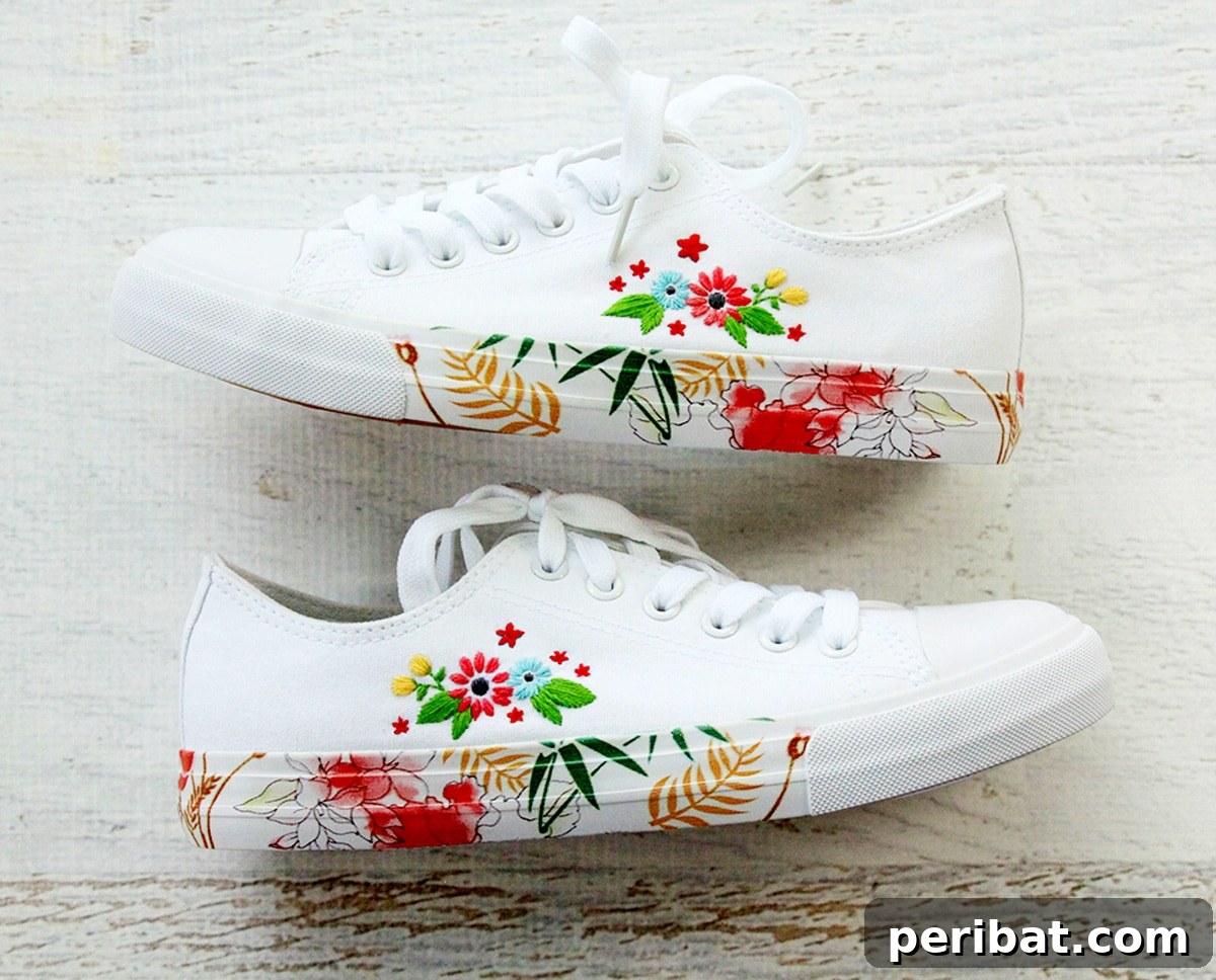 Creative DIY Floral Embroidery Ideas and Projects 44 Fashionable floral embroidered canvas shoes, transformed into a unique statement piece with DIY embroidery