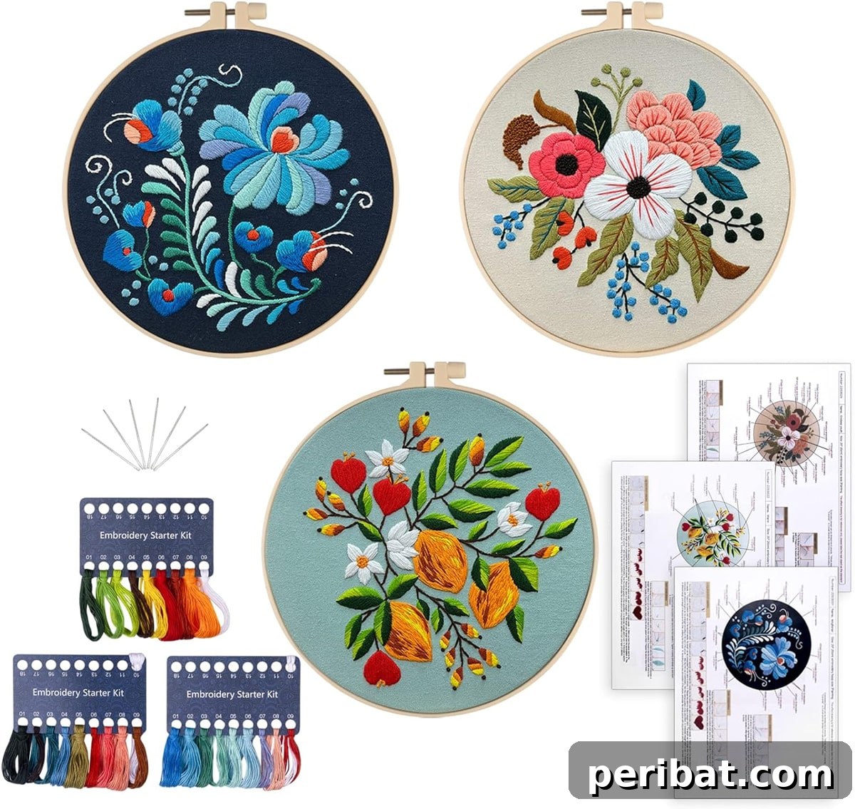 Creative DIY Floral Embroidery Ideas and Projects 6 Three sets of floral embroidery patterns within a starter kit, perfect for beginner crafters