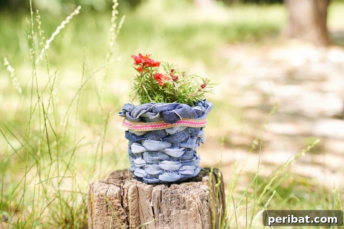 20 Creative DIY Basketry Projects & Kits 3 denim planter with red flowers on stump