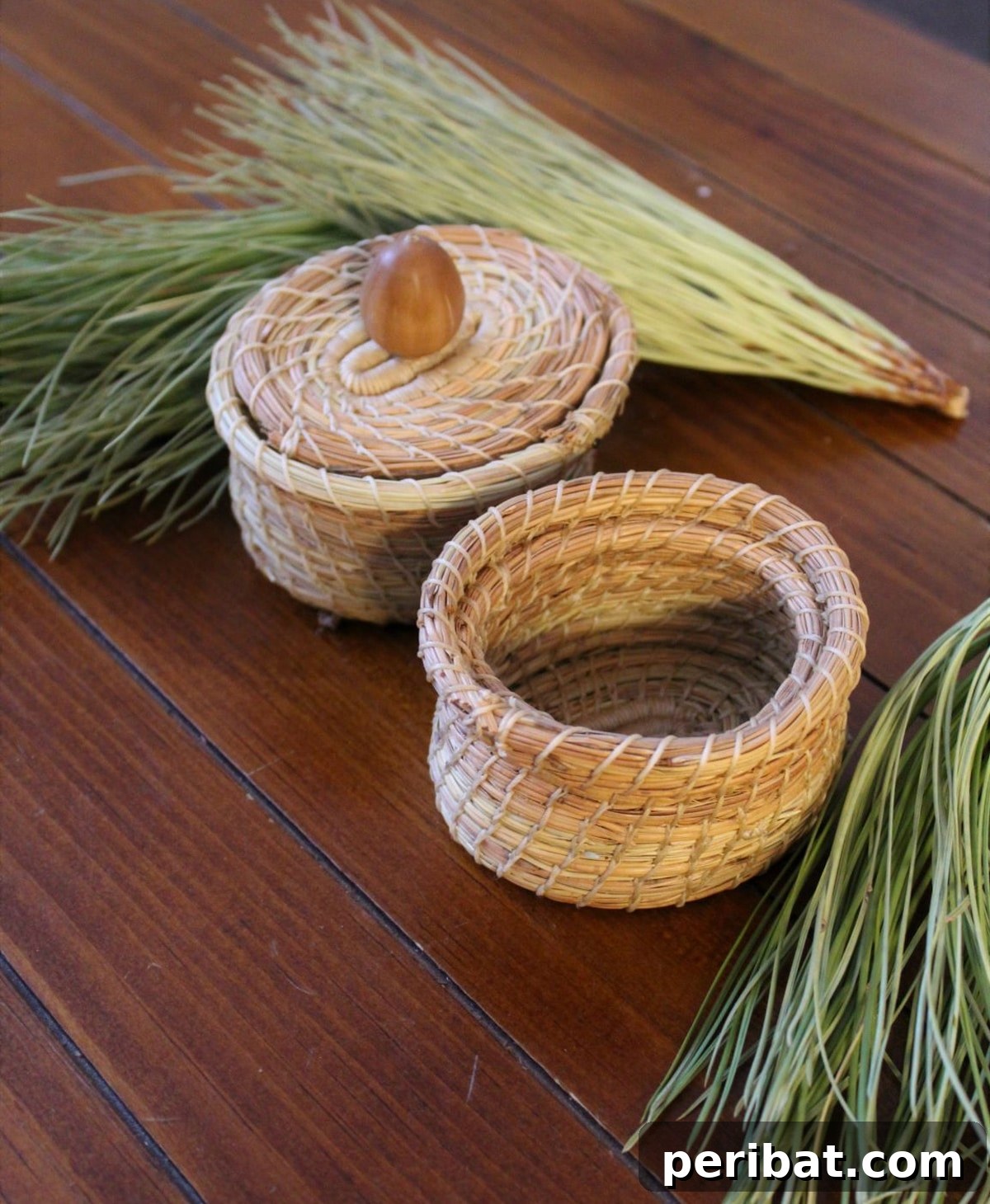 20 Creative DIY Basketry Projects & Kits 8 two baskets of pine needles on table