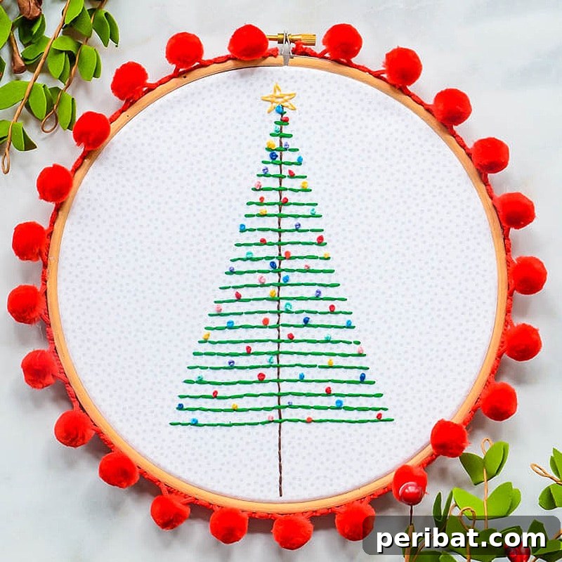 Stitch Your Way to a Merry Christmas: 48 DIY Embroidery Designs 20 A simple yet elegant Christmas tree hoop art pattern, ideal for beginners in embroidery.