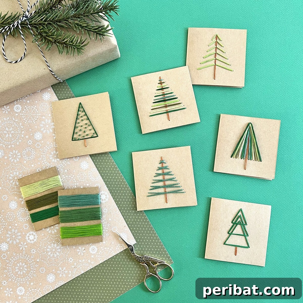 Stitch Your Way to a Merry Christmas: 48 DIY Embroidery Designs 26 Unique Christmas cards or gift tags adorned with embroidered tree designs.