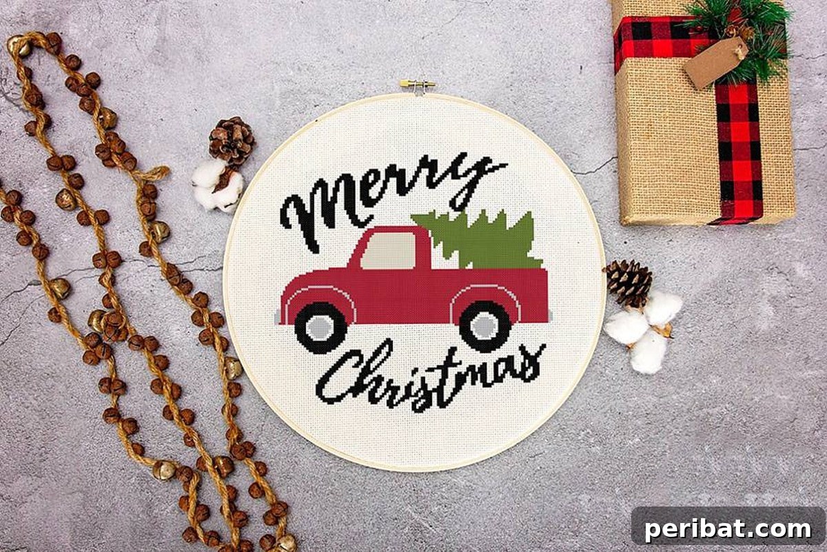 Stitch Your Way to a Merry Christmas: 48 DIY Embroidery Designs 27 A festive 'Merry Christmas' embroidered truck image, embodying a rustic farmhouse aesthetic.