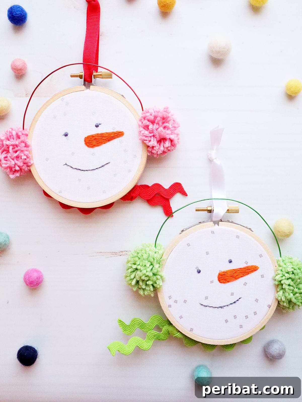 Stitch Your Way to a Merry Christmas: 48 DIY Embroidery Designs 28 Delightful chilly snowman embroidered hoop ornaments, perfect for holiday decoration.