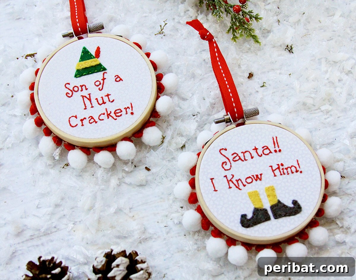 Stitch Your Way to a Merry Christmas: 48 DIY Embroidery Designs 30 “Elf” mini hoop Christmas ornaments featuring iconic quotes and imagery from the movie.