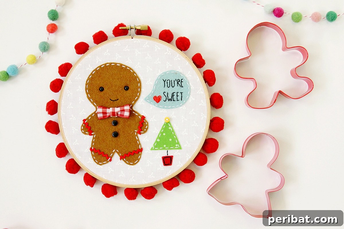 Stitch Your Way to a Merry Christmas: 48 DIY Embroidery Designs 47 Charming gingerbread-themed embroidery hoop art, perfect for a whimsical and sweet holiday decor.