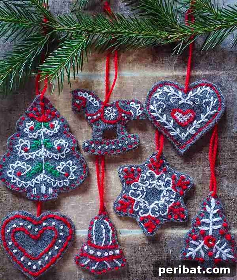 Stitch Your Way to a Merry Christmas: 48 DIY Embroidery Designs 50 Adorable felt gingerbread ornaments, detailed with embroidery stitches, mimicking classic Christmas cookies.