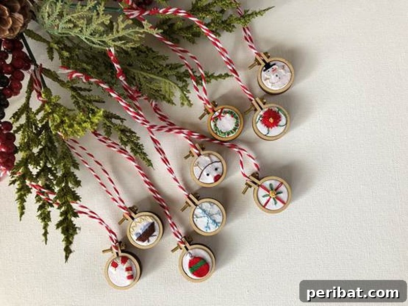 Stitch Your Way to a Merry Christmas: 48 DIY Embroidery Designs 8 A selection of festive holiday mini hoop ornaments, showcasing varied Christmas designs.