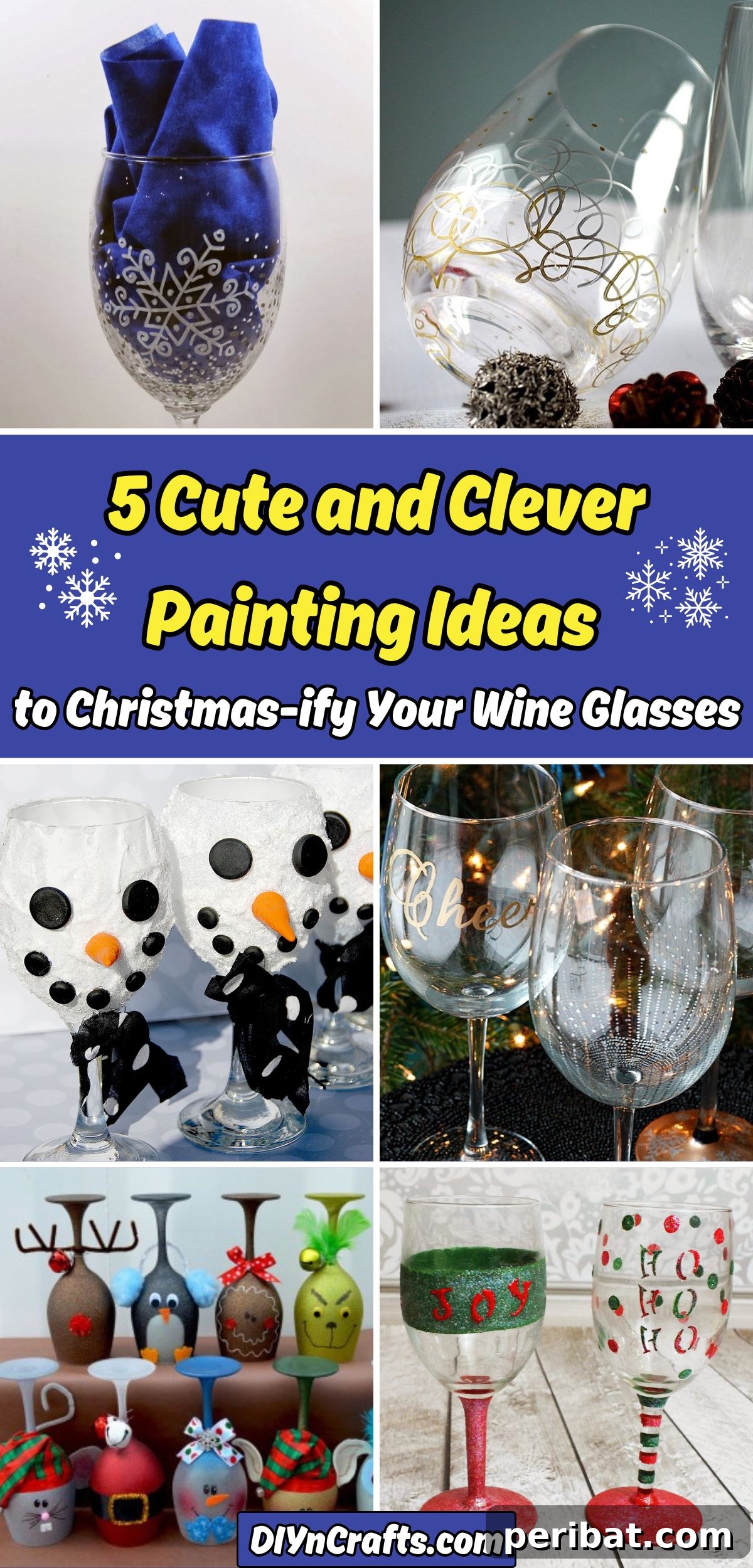 Sip and Sparkle: 5 Festive Wine Glass Painting Ideas for Christmas 2 A beautiful collage showcasing five distinct and creative painting ideas to transform ordinary wine glasses into festive Christmas decorations, perfect for holiday home decor and DIY projects.