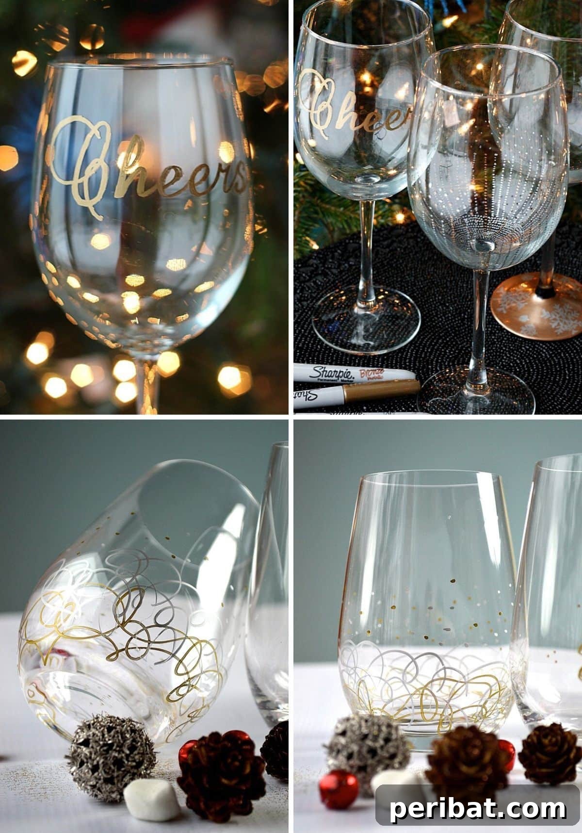 Sip and Sparkle: 5 Festive Wine Glass Painting Ideas for Christmas 5 Elegant glass decorating with Sharpies, showcasing intricate and personalized designs for Christmas festivities and thoughtful gifts.