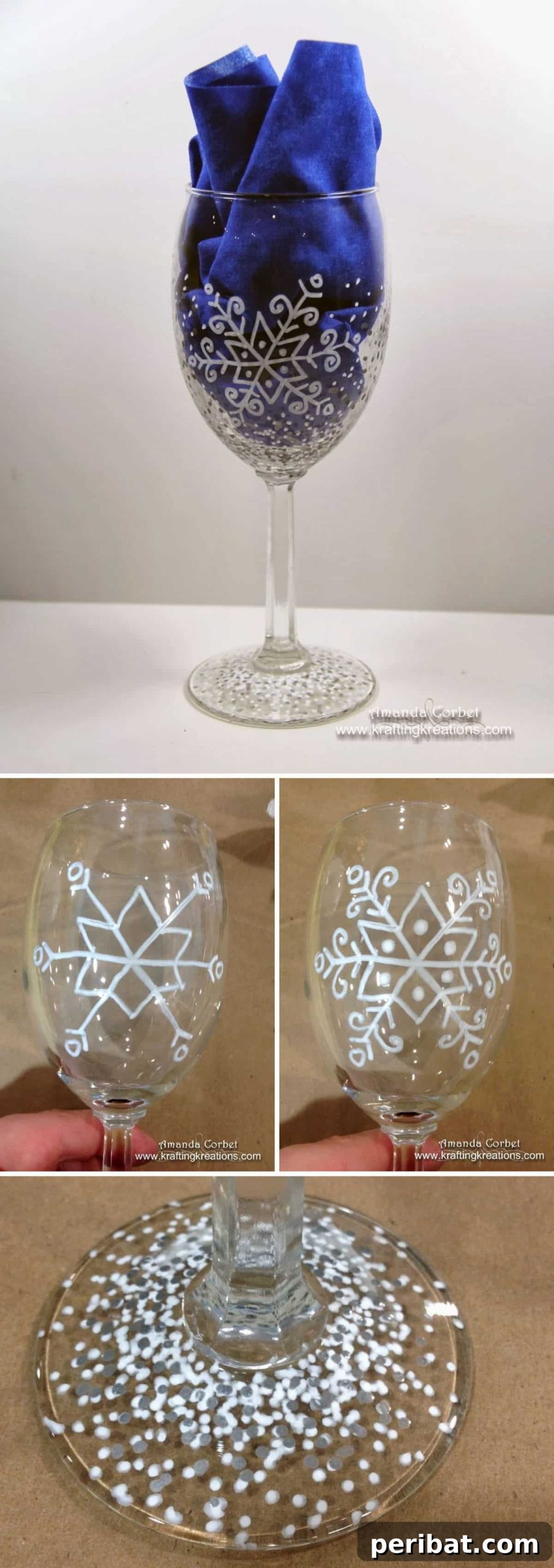 Sip and Sparkle: 5 Festive Wine Glass Painting Ideas for Christmas 7 Beautiful DIY Glass Simple Snowflake designs on wine glasses, offering an elegant touch for timeless winter and Christmas decor.