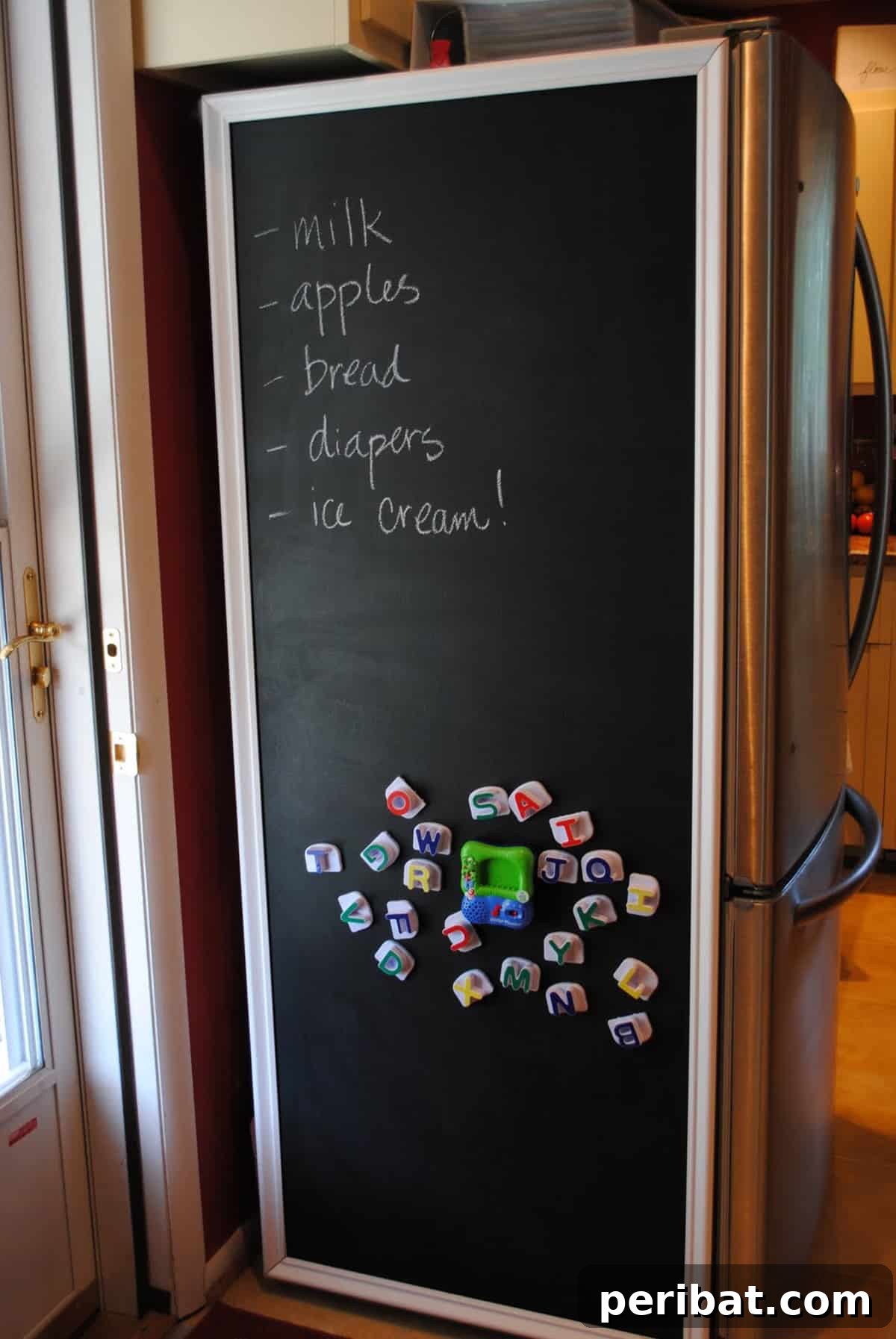 Chalkboard fridge created with magnetic primer
